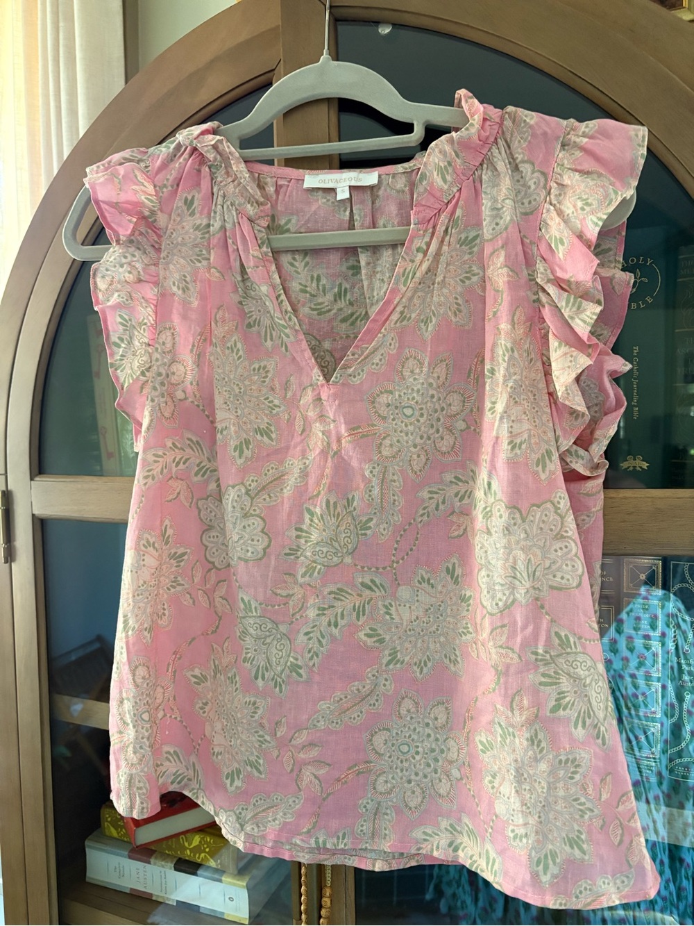 Linen Blend Light Pink Floral Ruffle Sleeve V-Neck Top size S